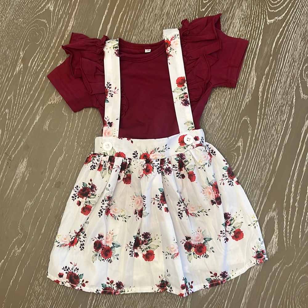 Marion body suit with overall skirt, snap closure body suit